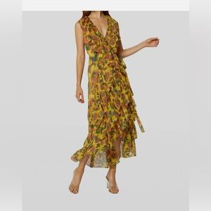 Misa Los Angeles Ilune Yellow Floral Self-Tie Wrap Dress NWT